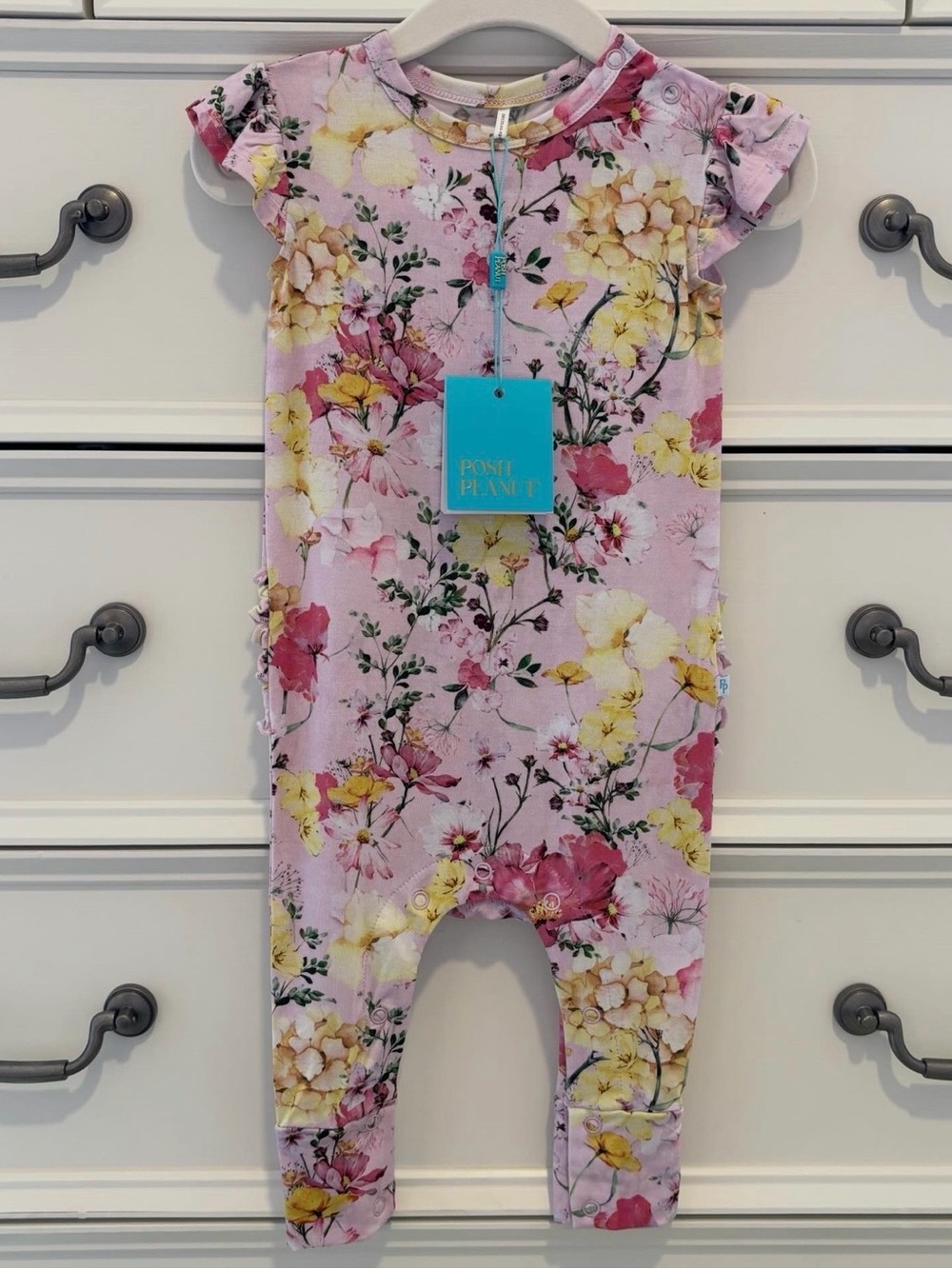 NWT Posh Peanut Floral Bamboo Ruffle Romper Size 6-9 Months